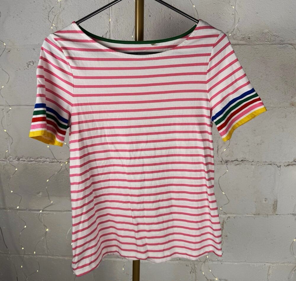 boden women’s US 6 pink white striped short sleeve top rainbow cuff boat neck